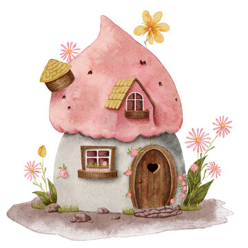 Pink watercolor cute house. Fairytale gnome house white with pink roof among flowers. Hand drawn PNG illustration isolated on the transparent background.