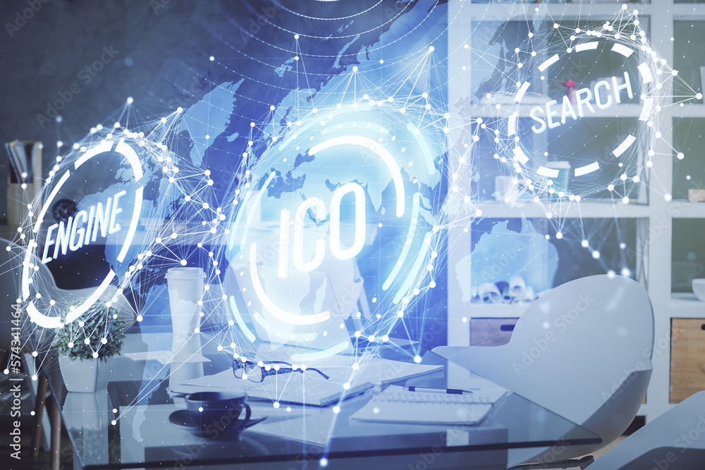 Poster double exposure of crypto technology theme drawing and office interior background. concept of blockc