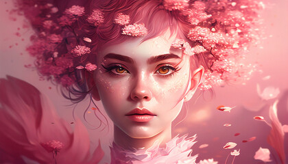 AI generated. Spring pink vibes. Portrait of a stylized young woman with pink hair surrounded by blooming flowers in a very pink setting.