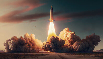Missile Launch, Ballistic Missile Takes Off from Desert with fire and smoke, Generative AI - obrazy, fototapety, plakaty