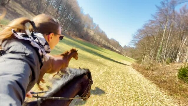 SELFIE: Cheerful young woman gallops across a meadow on a sunny autumn day. Female horseback rider speeds across a pasture with her athletic horses. Happy woman canters around the fall countryside