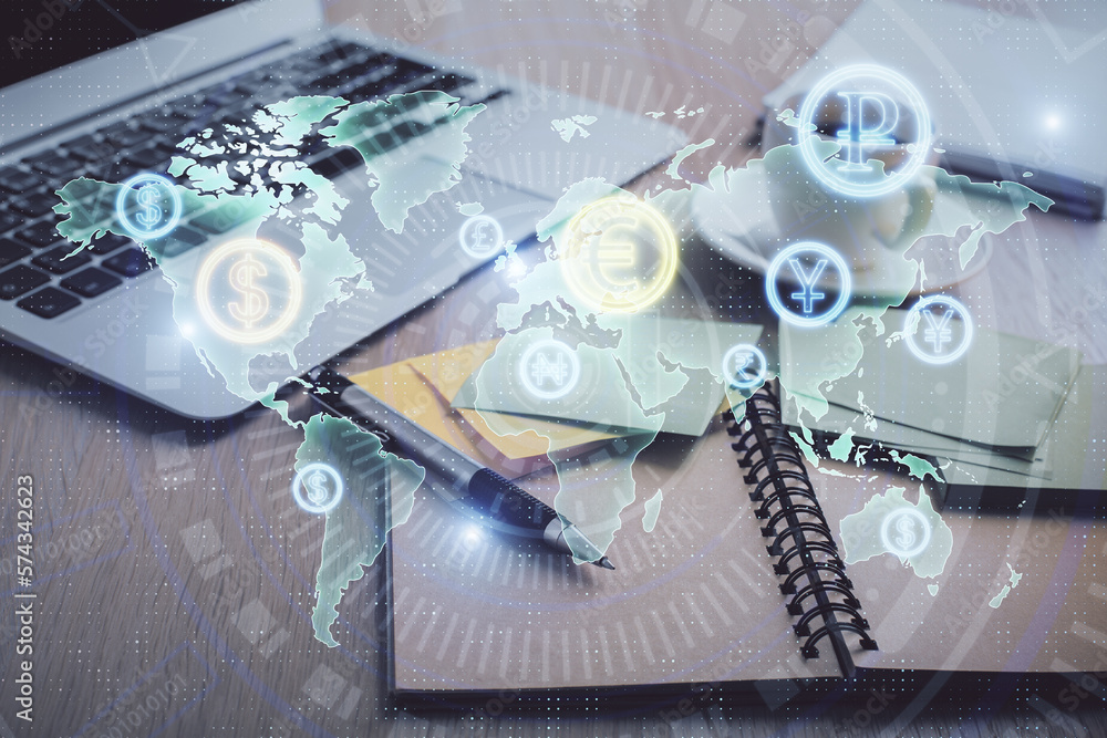 Poster Multi exposure of forex graph drawing and desktop with coffee and items on table background. Concept of financial market trading