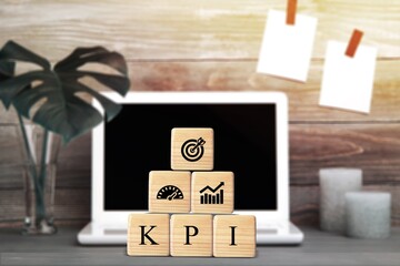 Set of wooden cube blocks on office desk