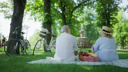 Back view of couple in their 60s sitting on blanket in city park, picnic day - Powered by Adobe