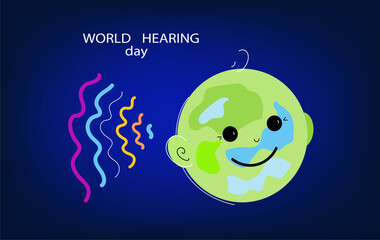 Social media horizontal banner template for World Hearing Day Concept Design.  Funny planet he is glad that he has good hearing.  Vector flat cartoon doodle banner.