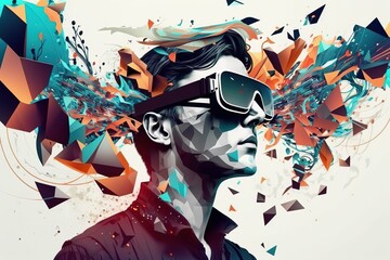 man wearing virtual reality goggles on AI Metaverse concept background AI generated