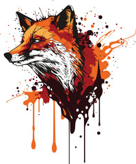 Red fox portrait and paint splatter