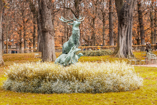 Deer statue by Arthur le Duc in Luxembourg Garden in Paris France in Autumn