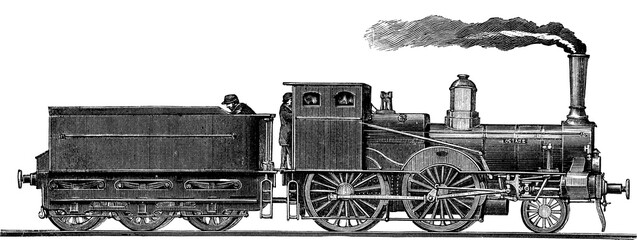 Antique Line Art Engraving Illustration of a Steam Train © Vector Hut