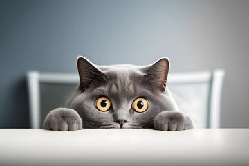 Portrait beautiful funny grey British cat peeking out from behind a white table with copy space photography made with Generative AI