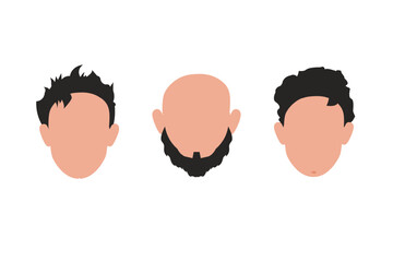 Set Faces of men with different styles of haircuts. Bald man Isolated on white background.