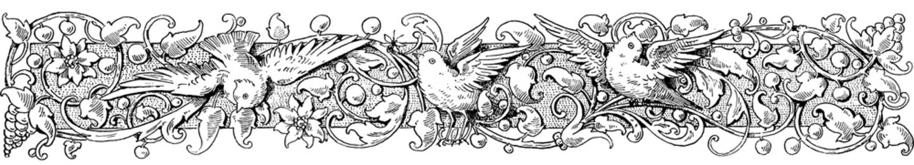 Antique Flourished / Floral Design Element with Birds © Vector Hut