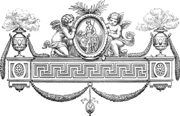 Antique Line Art Header Design Featuring Aztec Pattern and Two Cherubs 