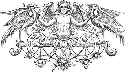 Vintage Line Art of Man with Wings Holding Two Storks 