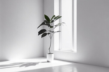 Empty white room with window and green flowerpot.Sun light from window Shadow overlay effect. Empty floor and wall. living room Minimalism concept. place for text. Generative Ai