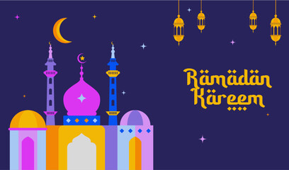 Crescent Islamic with mosque for Ramadan Kareem. Islamic greeting card template with ramadan for wallpaper design background. Poster, paper cut, media banner. Mosaic vector illustrator.