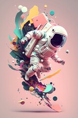 Astronaut in gold visor and white spacesuit with pink and blue moody 80s. Front 3d illustration Generative AI 