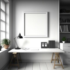 Fototapeta na wymiar Blank picture frame mockup on wall in modern interior. Quadro em branco para montagem. GENERATIVE AI