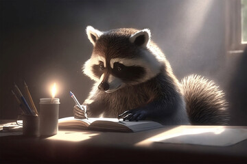 Popular writer raccoon writing a novel. Generative AI - obrazy, fototapety, plakaty