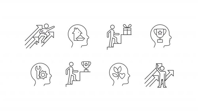 Animated motivation linear icons. Intrinsic motivation. Self-development. Achievements. Seamless loop HD video with alpha channel on transparent background. Outline motion graphic animation