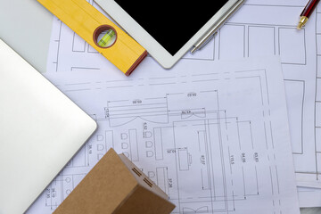 Concept with architect desk and tools white background.Top view with copy space.