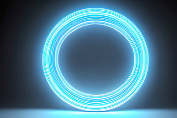 Standing bright center blue circle neon light background and backdrop.