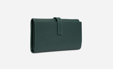 Emerald green women's Wallet Pouch clutch. Leather Purse for women ladies isolated on white background. Side view. Template, mock up