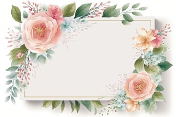 Watercolor Blank greeting card template with beautiful flowers around. Mother's day template with copy space - Generative AI