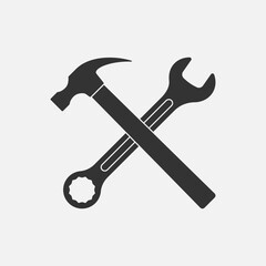 Repair service symbol. Crossed hammer and wrench graphic sign. Working tools sign isolated on white background. Vector illustration