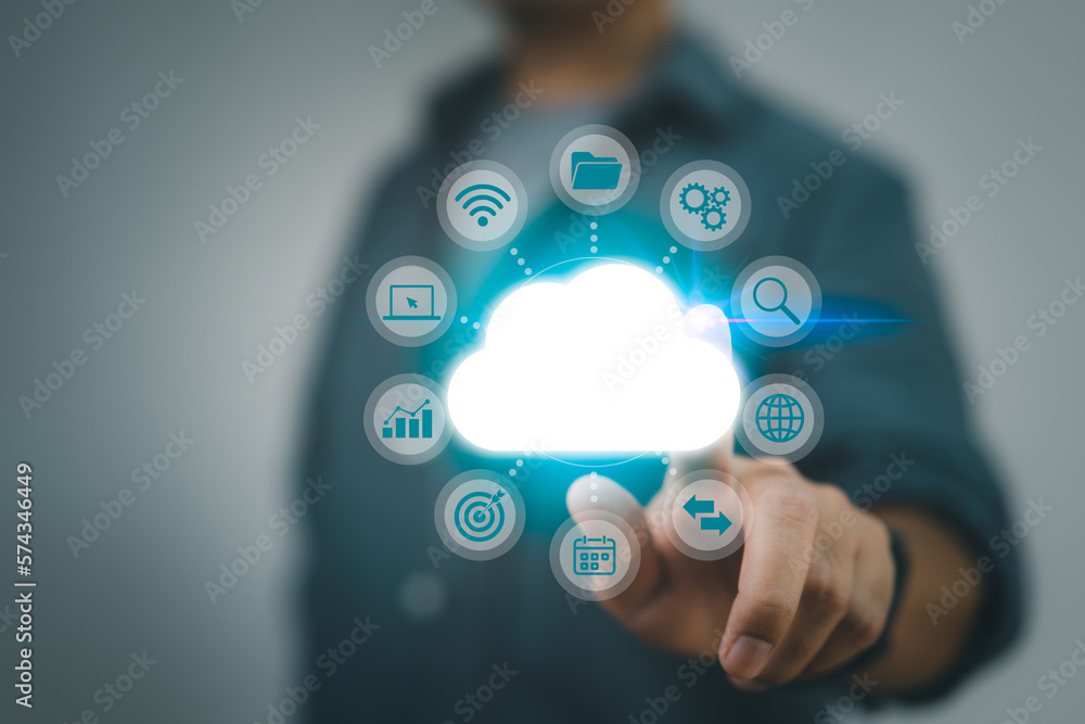 Poster cloud computing network with internet icons. Cloud computing, cyber technology, internet data storage, database, and mobile server ideas