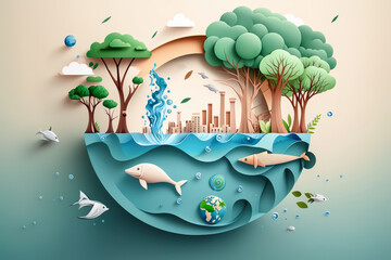 Paper art , Ecology and world water day , Saving water and world Environment day, environmental protection and save earth water , Generate Ai © Atchariya63