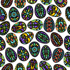 Easter eggs pattern. Color egg background. Easter symbol. Fabric Easter texture. Egg hunt vector illustration. Happy Easter day backdrop. Painted eggs print.