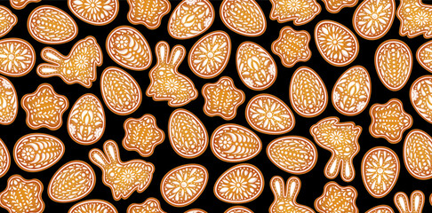 Easter eggs background. Color painted egg, rabbit, star. Easter symbol. Egg color gingerbread cookies. Egg hunt vector illustration. Happy Easter day backdrop. Gingerbread cookies background.