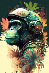 Chimpanzee wearing a helmet in psychedelic jungle - Generative AI