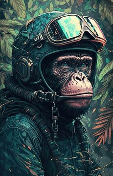 Chimpanzee wearing a helmet in psychedelic jungle - Generative AI
