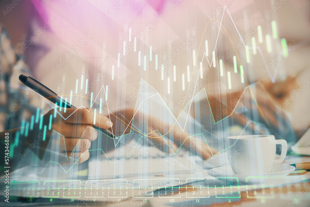 Poster double exposure of forex graph drawing over people taking notes background. concept of financial ana