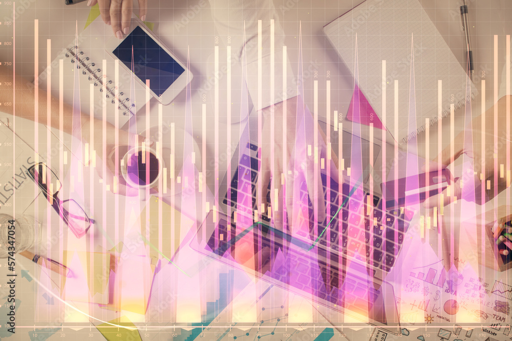 Poster multi exposure of man's hands typing over computer keyboard and forex graph hologram drawing. top vi