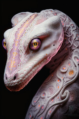 Portrait of an albino snake close-up on a black background, snake white. skin with a pink tint portrait. Generative AI.