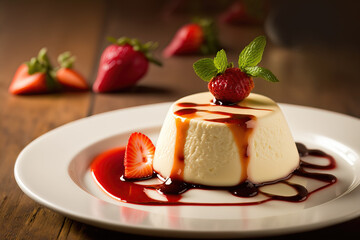 Illustration of a delicious rich and creamy panna cotta topped with strawberries and syrup. Yummy mouth watering sweet Italian dessert. - obrazy, fototapety, plakaty