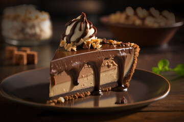 Illustration of a delicious chocolate cheesecake topped with chopped hazelnuts. Yummy mouth watering sweet dessert.