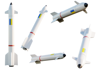 Five missiles with the Ukrainian flag on transparent background. 3D Render