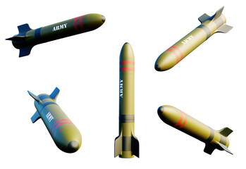 Five missiles with the Army banner on transparent background. 3D Render