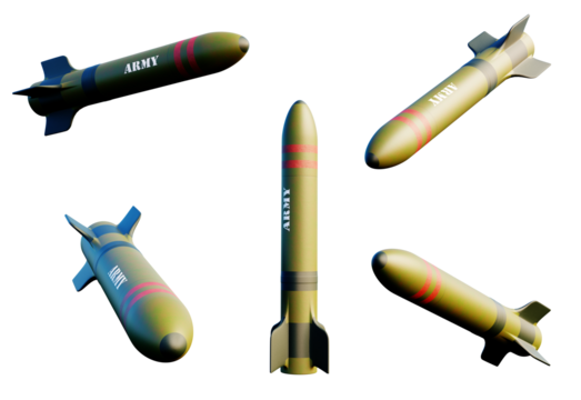 Five missiles with the Army banner on transparent background. 3D Render