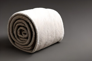 Clean bright grey color roll towel nice and tidy for fitness, bath, swimming, massage and spa marketing background and design material isolated on grey.