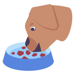 Dog taking kibble diet concept, dog eating from bowl vector color icon design, Pet and Vet symbol, Animal Shelter sign, four legged friends stock illustration 