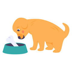 Bulldog with feeding tray concept, Puppy eating bone vector color icon design, Pet and Vet symbol, Animal Shelter sign, four legged friends stock illustration 