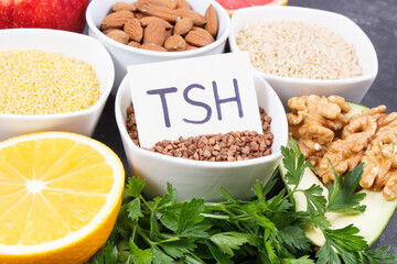 Natural ingredients, fruits and vegetables containing vitamins for healthy thyroid