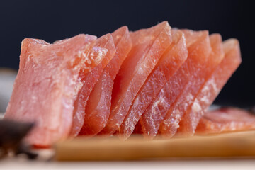 Square chicken fillet sausage, close up