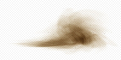Brown dusty cloud or dry sand flying with a gust of wind. Sandstorm realistic texture with small particles or grains of sand. Vector realistic illustration - obrazy, fototapety, plakaty