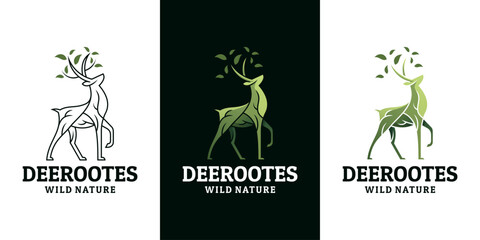 Deer logo design template, root, leaf, nature.